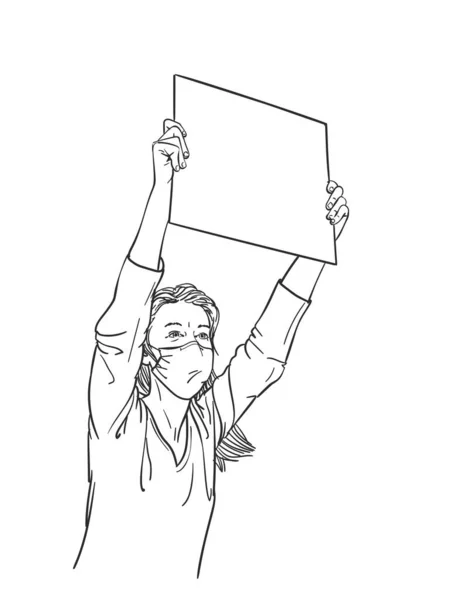 Γυναίκα Μάσκα Προσώπου Κρατώντας Λευκή Πινακίδα Κατά Διάρκεια Της Διαμαρτυρίας — Διανυσματικό Αρχείο