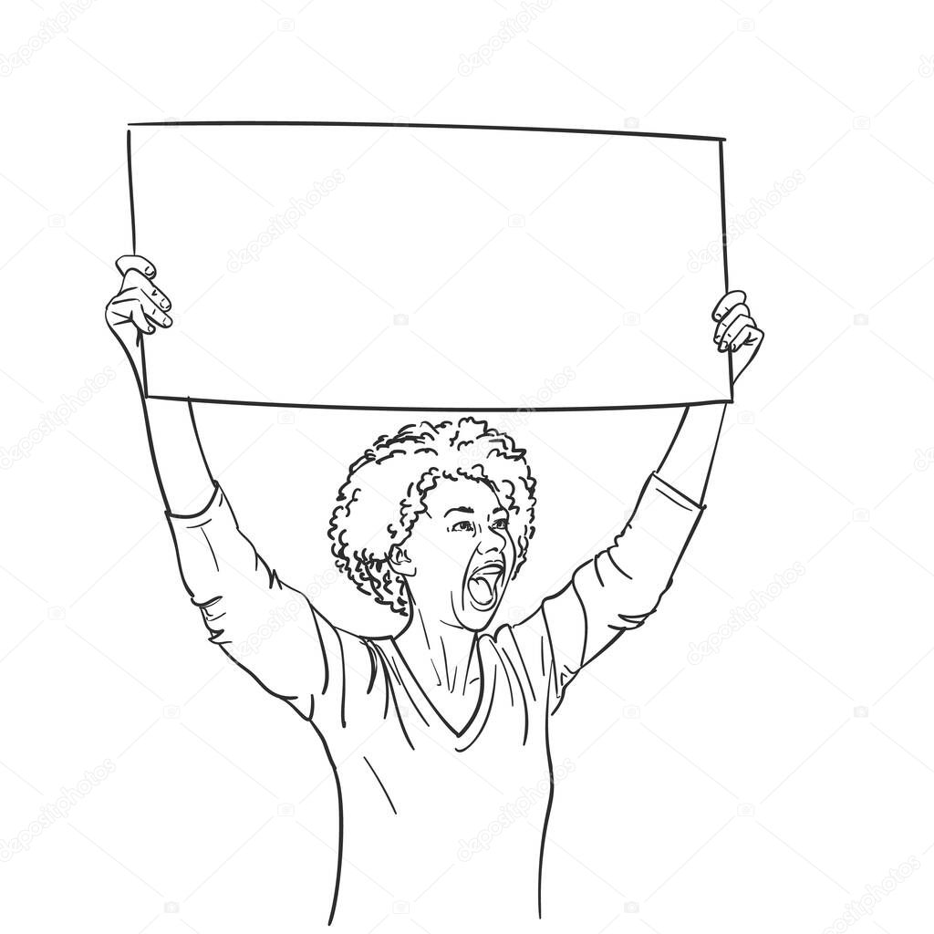Protest. African american woman with empty sign board is screaming during protest. Vector sketch, Hand drawn linear illustration