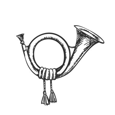 Antika post horn veya avcı boynuzu vektör el çizim nesnesi izole, siyah ve beyaz skeç