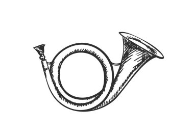 Antika post horn veya avcı boynuzu vektör el çizim nesnesi izole, siyah ve beyaz skeç