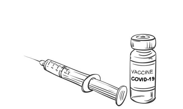 Dibujo Vectorial Jeringa Vacuna Contra Coronavirus Ampolla Jeringa Extraídas Mano — Vector de stock