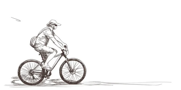 医療面仮面ライディング自転車ベクトルドローイング コロナウイルスパンデミックスケッチの人々 手描きイラストテキストのためのスペースと白の背景に隔離されたイラスト — ストックベクタ