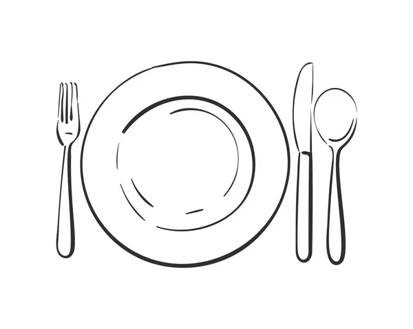 Cutlery Empty Plate Spoon Knife Fork Vector Sketsa Linear Top - Stok Vektor