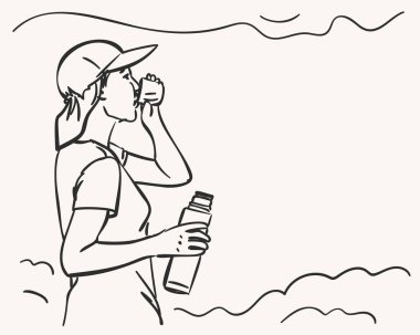 Termostan içen bir kız, açık havada resim çizen ve mesaj atan bir kız. Vektör çizimi. El çizimi çizimi.