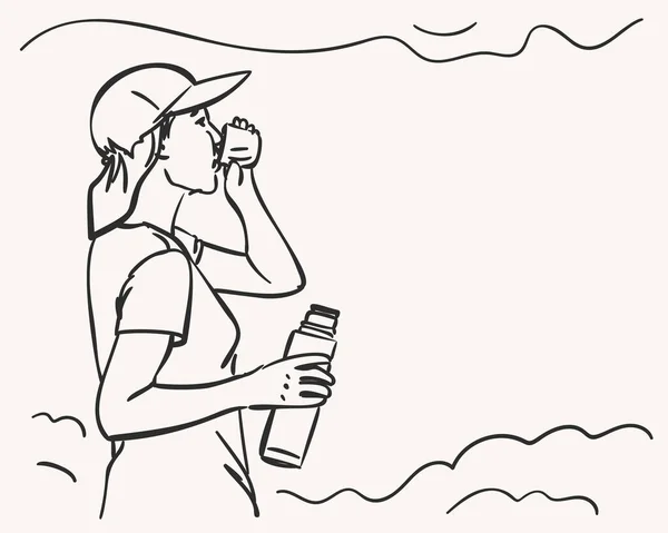女孩喝热水瓶 肖像画在户外的帽子与文字的空间 矢量草图手绘图解 — 图库矢量图片