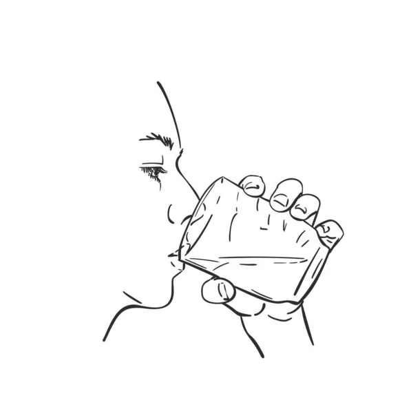 澄んだ水を飲む若い女性の絵 手に透明なガラスを持っている白人女性の顔 ベクトルスケッチ手描きミニマリストイラスト孤立 — ストックベクタ