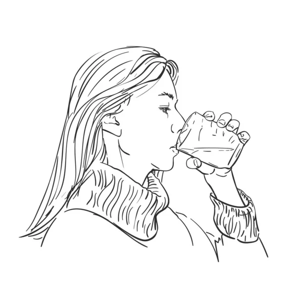 Rysunek Młodej Kobiety Pijącej Czystą Wodę Biała Kobieta Długie Blond — Wektor stockowy