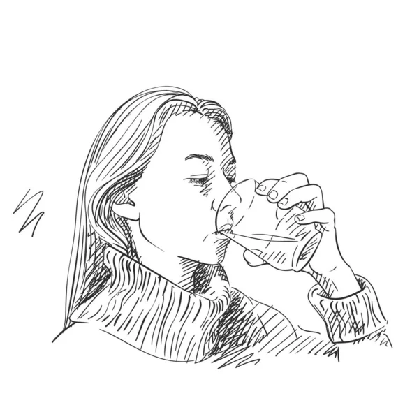 澄んだ水を飲む若い女性の絵 襟付きの暖かいセーターを着て 手に透明なガラスを保持長いブロンドの髪を持つ白人女性 ベクトルスケッチ手描きイラスト孤立 — ストックベクタ