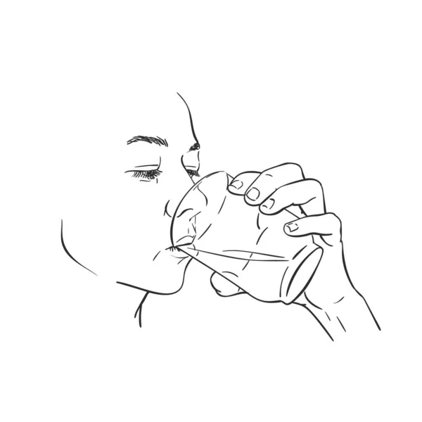 Disegno Giovane Donna Che Beve Acqua Limpida Viso Femminile Caucasico — Vettoriale Stock