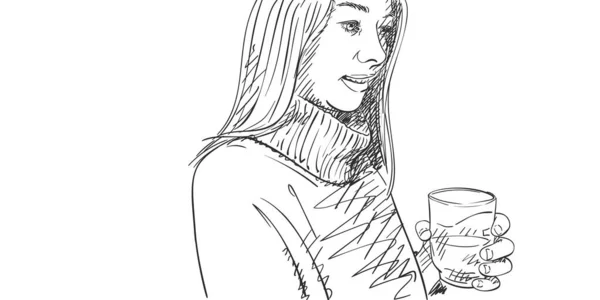 Dibujo Mujer Joven Sosteniendo Vidrio Con Agua Mano Mirando Hacia — Vector de stock