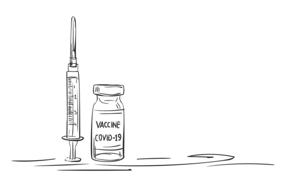 Covid Coronavirus Vaccin Fles Spuit Vector Tekening Close Hand Getekend — Stockvector