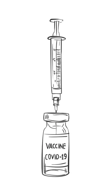 Covid Coronavirus Frasco Vacuna Dibujo Vectorial Jeringa Primer Plano Dibujado — Vector de stock