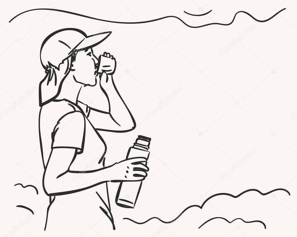 Girl drinking from thermos, Portrait drawing in outdoor cap with space for text. Vector sketch Hand drawn illustration