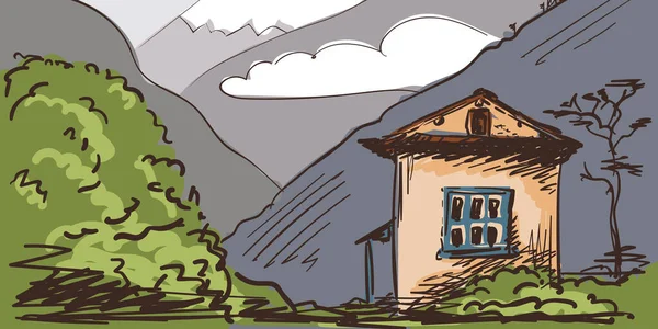 Venkovský Dům Horách Ručně Kreslené Ilustrace Tradiční Nepálský Domov Himalájích — Stockový vektor