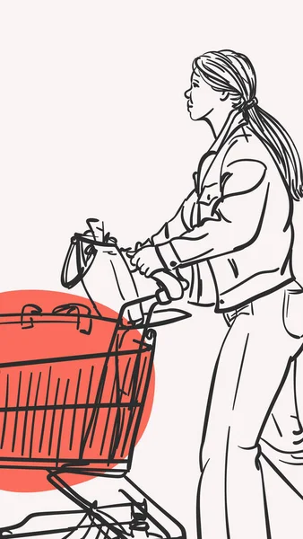 Femme Avec Chariot Supermarché Marchant Après Les Courses Croquis Vectoriel — Image vectorielle