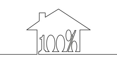 Ev modelinde% 100 işaret çizen kesintisiz bir çizgi, tek bir ince çizgi siyah ve beyaz logodan oluşan minimalist kontur vektör çizimi
