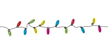 Festoon, çelenk, parlak ışık kesintisiz çok renkli lamba dekorasyonu çiziyor. İnce çizgiden oluşan vektör minimalist illüstrasyon, Yeni Yıl, Mutlu Noeller, festival, karnaval bayrağı