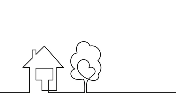 Continu Een Lijn Tekening Huis Met Boom Land Residentiële Bouw — Stockvector