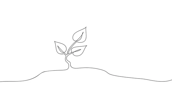 连续一行画生长小树芽 植物叶片生长苗木生态自然农场的概念设计 单细线黑白的极小等高线矢量图 — 图库矢量图片