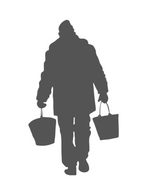 İki elinde de iki kova olan bir adamın silueti, vektör beyaz üzerine izole edilmiş.