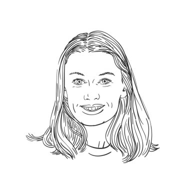 Uzun saçlı mutlu bir kadının portresi, el çizimi çizimi, vektör çizimi.