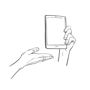 El ele tutuşma akıllı telefon çizimi ve boş ekran gösterimi, El çizimi vektör çizgisi çizimi beyaz arkaplanda izole edilmiş