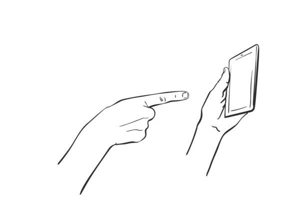 Kresba Ruky Držící Tablet Ukazující Prstem Ručně Kreslené Vektorové Čáry — Stockový vektor
