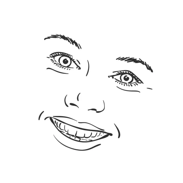 Visage Femme Souriante Heureuse Esquisse Vectorielle Illustration Dessinée Main Isolée — Image vectorielle