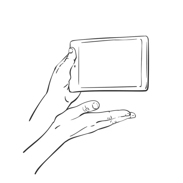 Schets Van Hand Houden Mockup Smartphone Toont Blanco Scherm Handgetekende — Stockvector