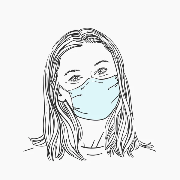 Woman Wearing Medical Face Mask Hand Drawn Portrait Vector Sketch — Stock Vector