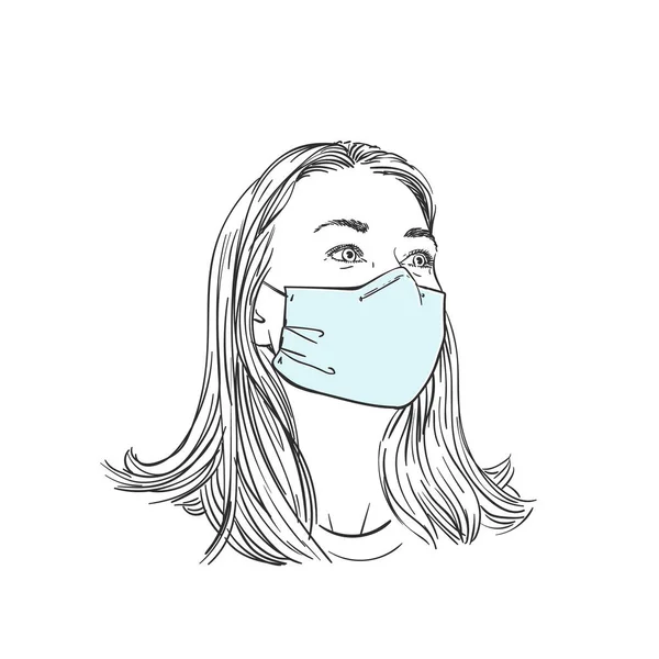 头戴医用面罩 侧视的女人 手绘肖像 病媒草图 — 图库矢量图片