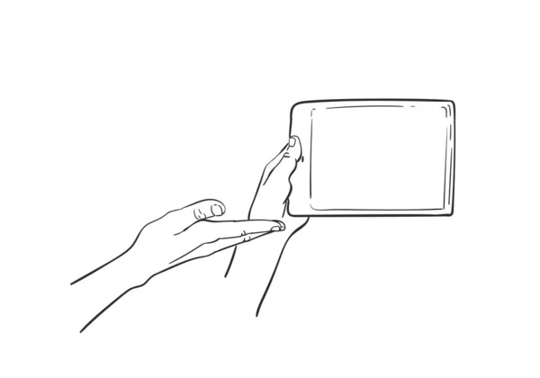 手持模拟智能手机并显示空白屏幕的素描 在白色背景上孤立的手绘矢量线条艺术插图 — 图库矢量图片