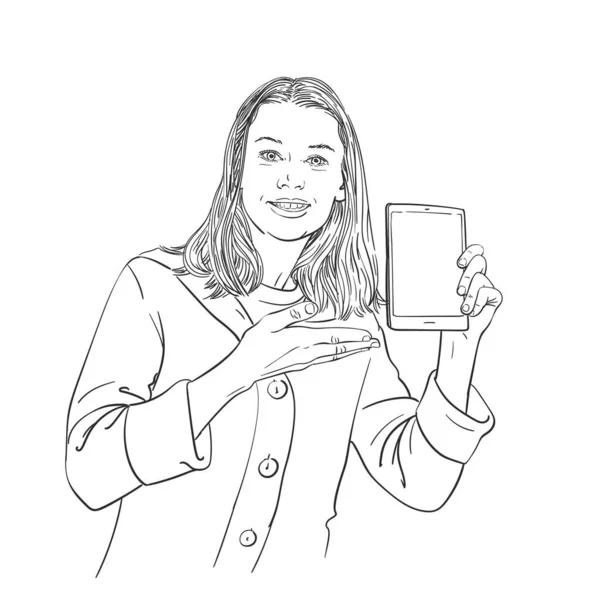 Skizze Einer Glücklichen Frau Mit Langen Haaren Die Ihren Tablet — Stockvektor