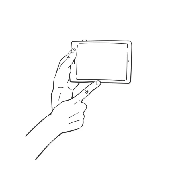 Croquis Main Tenant Smartphone Maquette Doigt Pointant Sur Écran Illustration — Image vectorielle