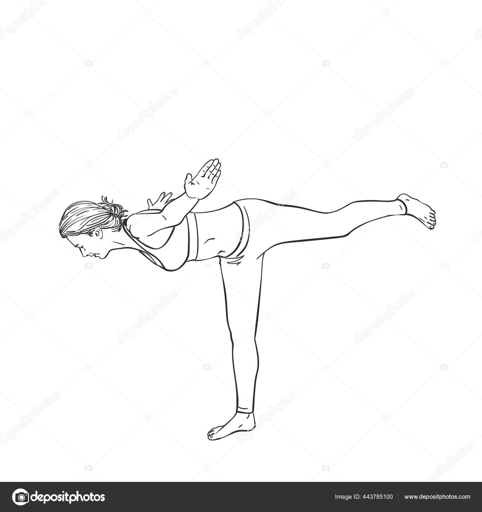 Sketch Woman Doing Yoga Standing One Leg Hand Drawn Vector Stock