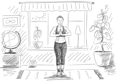 Yoga yapan bir kadın, oturma odasında el ele durmak, koronavirüs karantinasında kendini izole etmek, el çizimi illüstrasyon vektörü skeci.