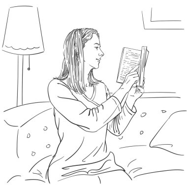 Kız kitap okuyor ve kanepede oturuyor, vektör çizimi, el çizimi çizimi çizimi