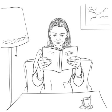 Kız kitap okuyor ve masada oturuyor, vektör çizimi, el çizimi çizimi çizimi