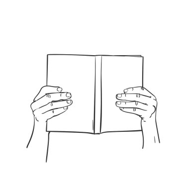 Eldeki kitabın çizimi, el çizimi izole edilmiş vektör çizgisi çizimi.