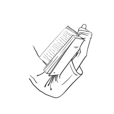 Eldeki kitabın çizimi, el çizimi izole edilmiş vektör çizgisi çizimi