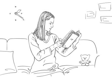 Kız kitap okuyor ve kanepede oturuyor, vektör çizimi, el çizimi çizimi çizimi