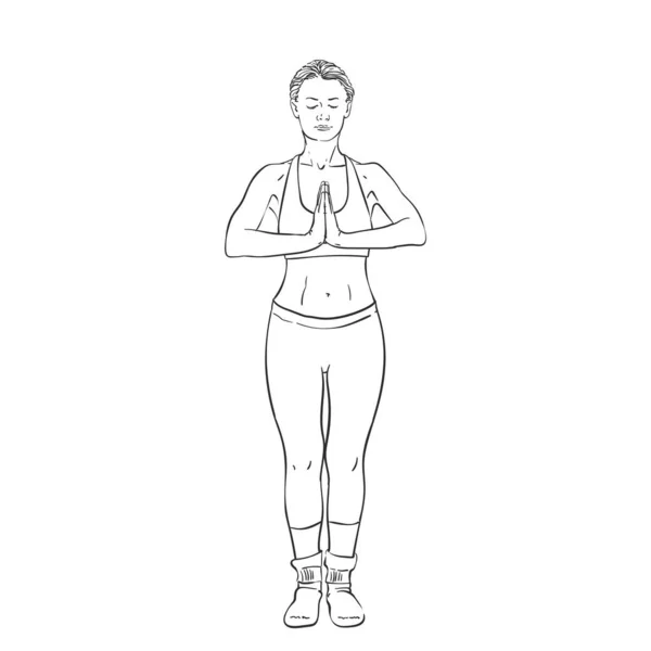 Croquis Femme Faisant Yoga Debout Avec Les Mains Ensemble Illustration — Image vectorielle