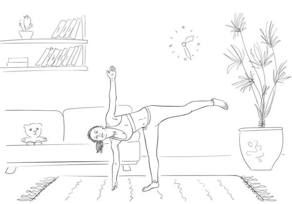 Mujer Haciendo Yoga Pie Sobre Una Pierna Sala Estar Autoaislamiento — Vector de stock