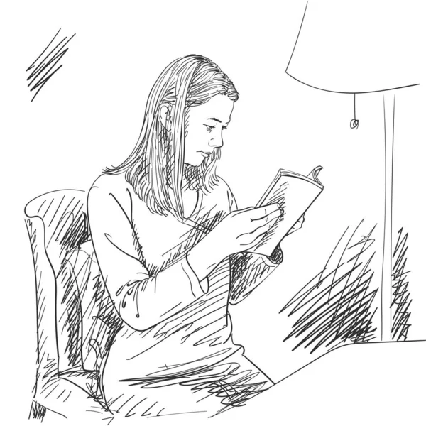 Menina Está Lendo Livro Sentado Cadeira Esboço Vetorial Ilustração Desenhada — Vetor de Stock
