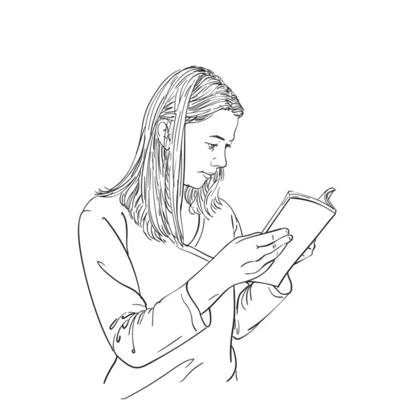 Meisje Leest Boek Vector Schets Hand Getekend Lineaire Illustratie Geïsoleerd — Stockvector