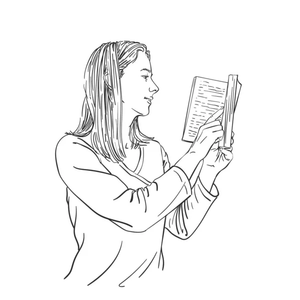 Girl Reading Book Vector Sketch Hand Drawn Linear Illustration Isolated - Stok Vektor
