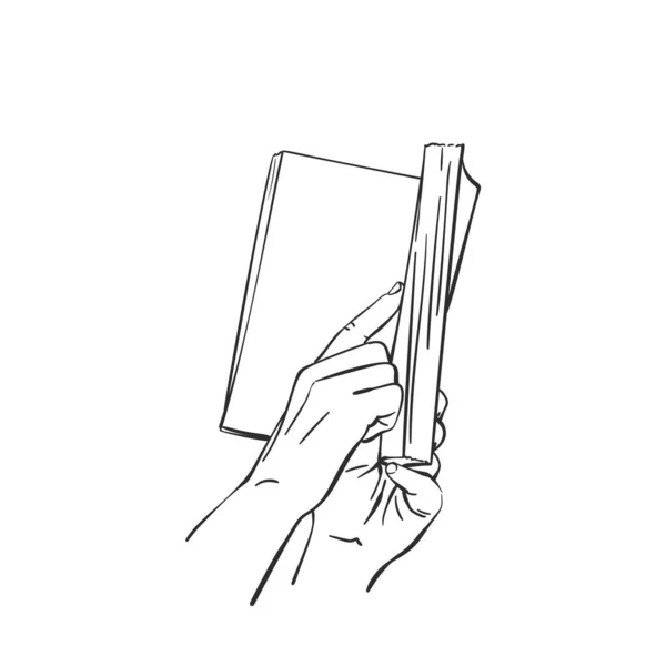 Croquis Livre Dans Les Mains Tenant Doigt Sur Les Pages — Image vectorielle