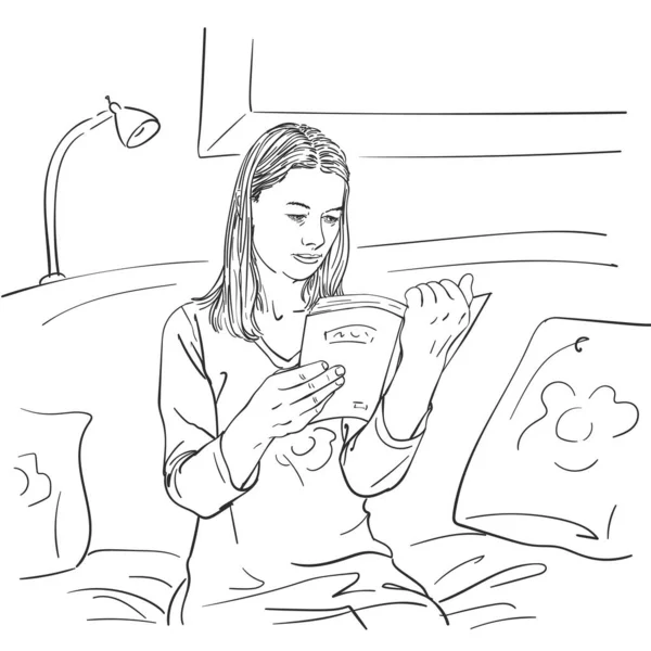 Chica Está Leyendo Libro Sentado Sofá Habitación Dibujo Vectorial Ilustración — Archivo Imágenes Vectoriales