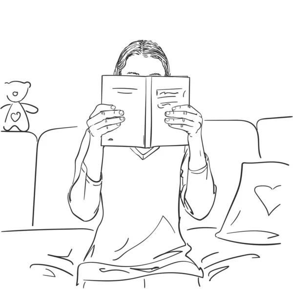 Dívka Čte Knihu Sedí Pohovce Místnosti Obličej Skrytý Knihou Vektorový — Stockový vektor