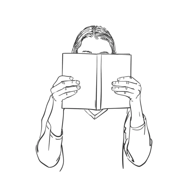 Fille Lit Livre Visage Caché Derrière Livre Croquis Vectoriel Dessin — Image vectorielle